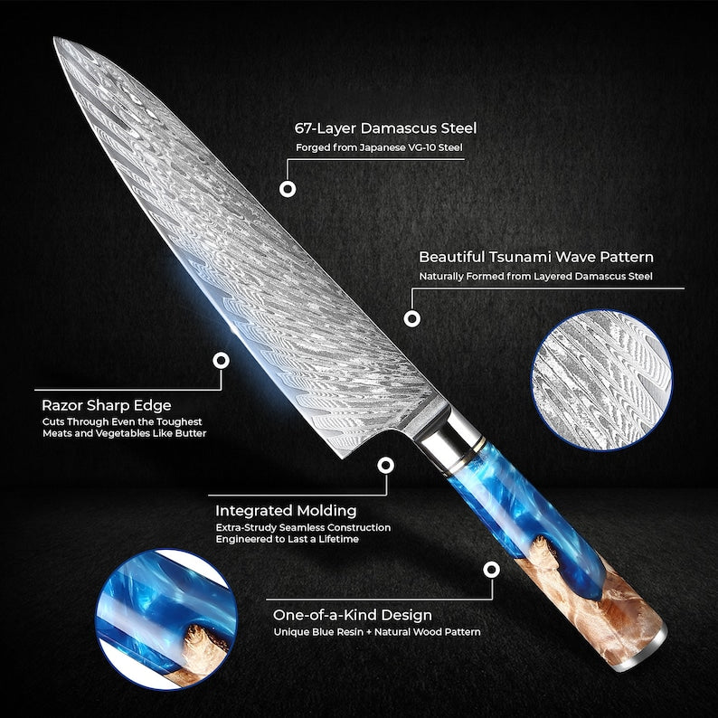 67-Layer Damascus Steel Kitchen Knife Set - 7-Piece Japanese Chef Knife Set "Tsunami" Collection, Forged from Japanese VG10 Steel