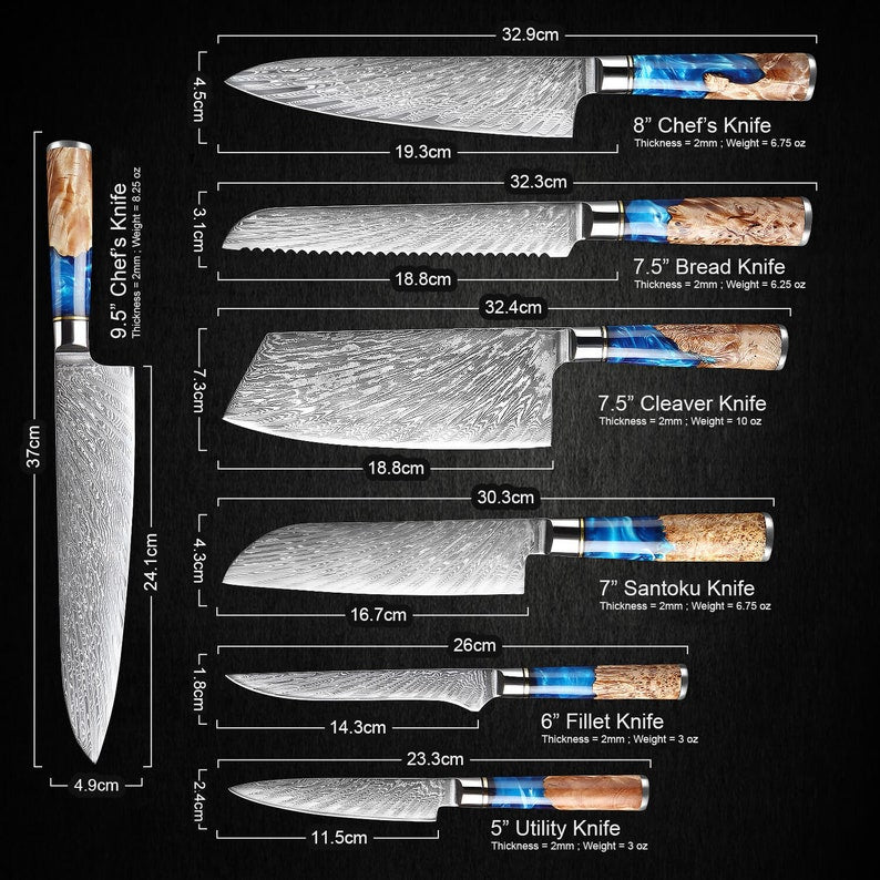 67-Layer Damascus Steel Kitchen Knife Set - 7-Piece Japanese Chef Knife Set "Tsunami" Collection, Forged from Japanese VG10 Steel