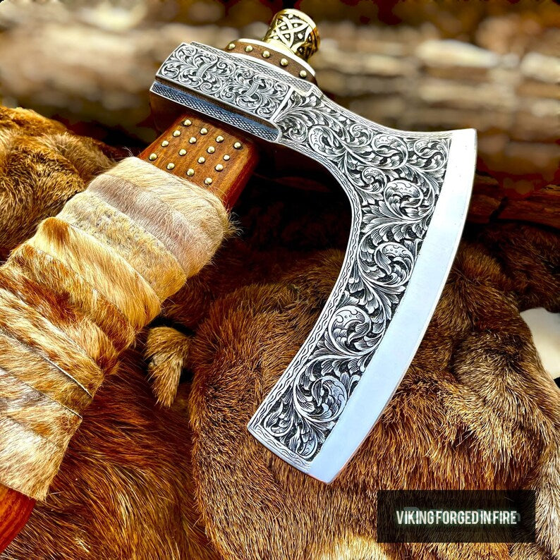 Hand Forged Deeply Engraved Viking Axe with Cow Leather cover | Best handmade gift for men