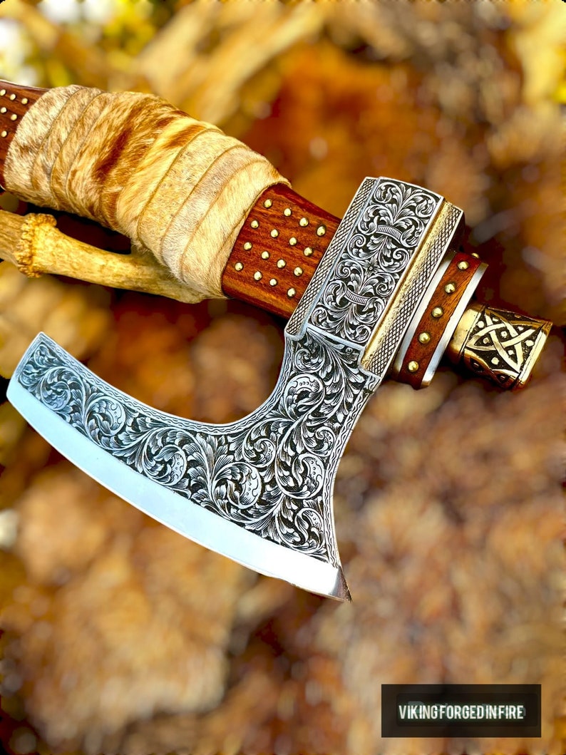 Hand Forged Deeply Engraved Viking Axe with Cow Leather cover | Best handmade gift for men