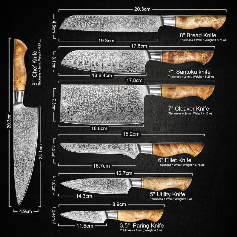 67-Layer Damascus Steel Kitchen Knife Set - 7-Piece Japanese Chef Knife Set "Dynasty" Collection, Forged from Japanese VG10 Steel