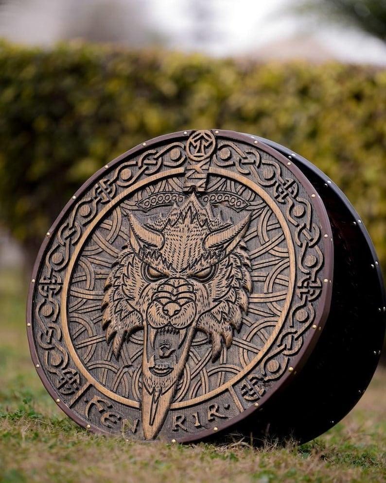 Fenrir Carved Medieval Viking Shield | Handmade Viking Gifts | Viking Wall Décor shield