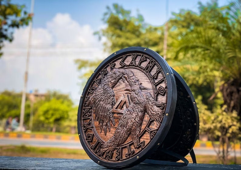 Valhalla Hugin And Munin Shield | Viking Wooden Ravens Shield | Viking Round Shield