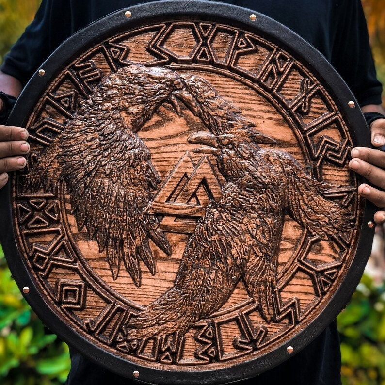 Valhalla Hugin And Munin Shield | Viking Wooden Ravens Shield | Viking Round Shield