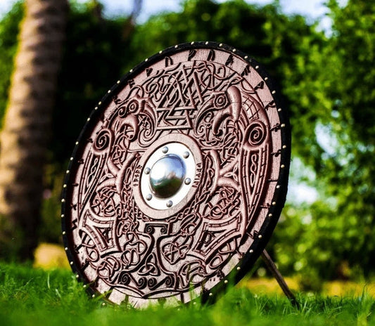 Medieval Helm of Awe Shield | Carved Viking Gift | Wall Décor Viking Round Shield