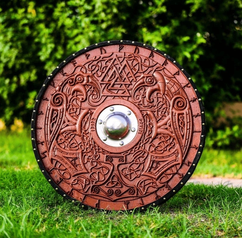 Medieval Helm of Awe Shield | Carved Viking Gift | Wall Décor Viking Round Shield