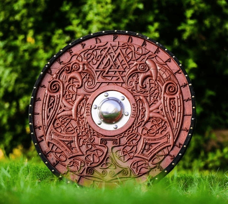 Medieval Helm of Awe Shield | Carved Viking Gift | Wall Décor Viking Round Shield