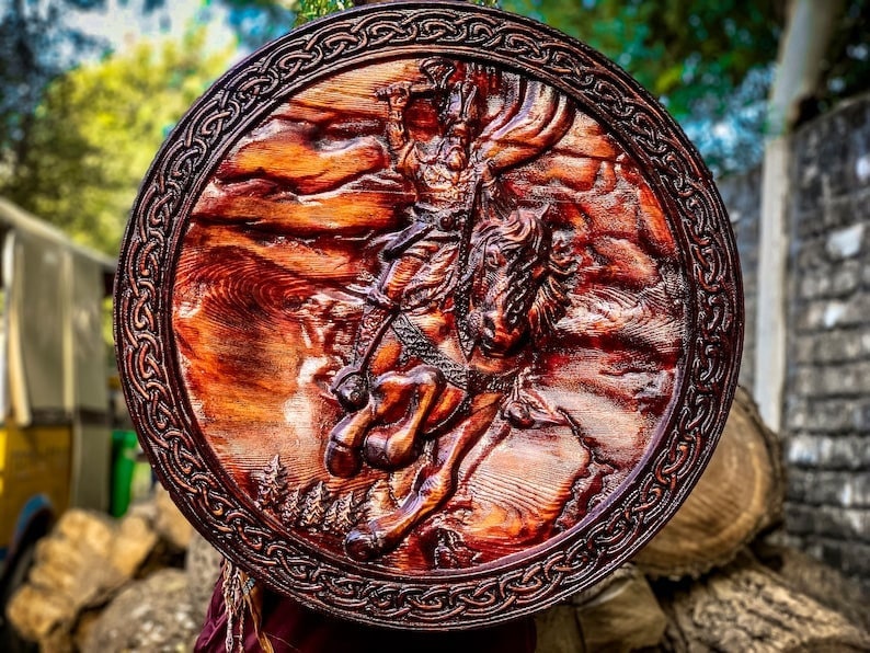 Handmade Valhalla Engraved Shield |  Unique design Wooden shield |  best wedding gift for men