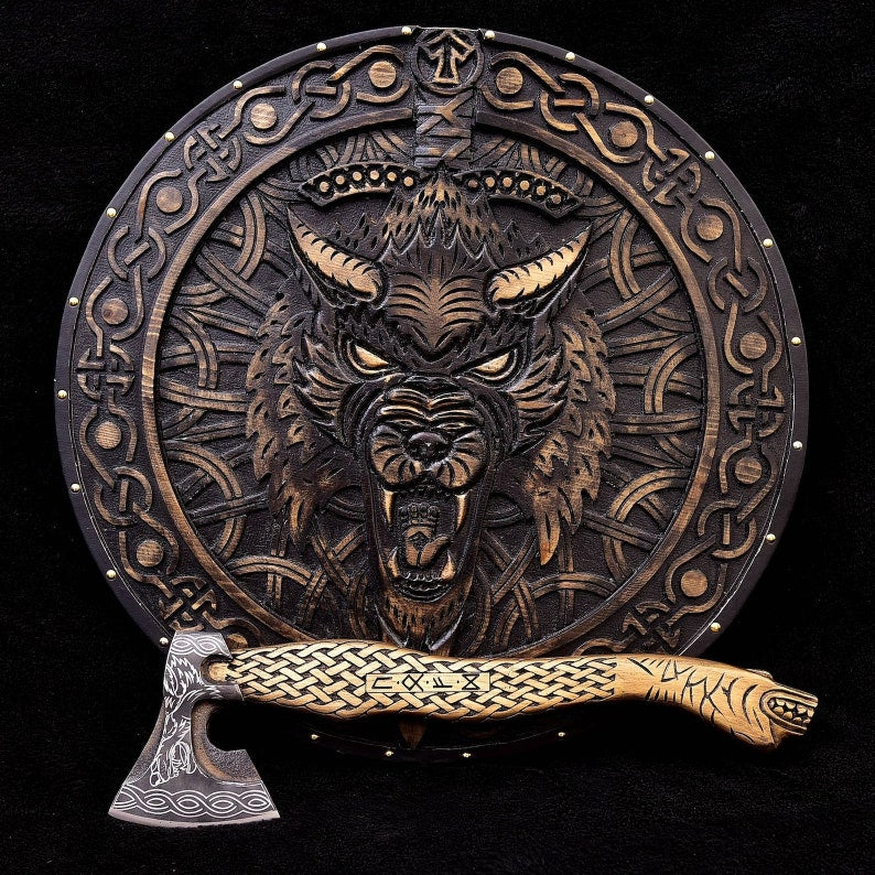 Medieval Viking Fenrir Shield & Axe Set | Viking Round Shield | Best for Christmas