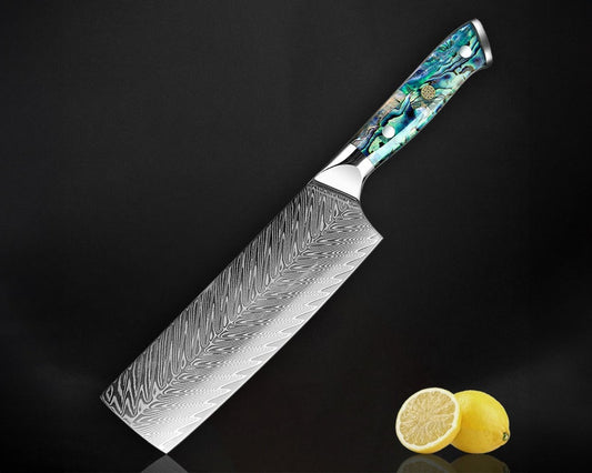 Japanese Meat Cleaver Nakiri with Real Deep-Sea Abalone Shell Handle