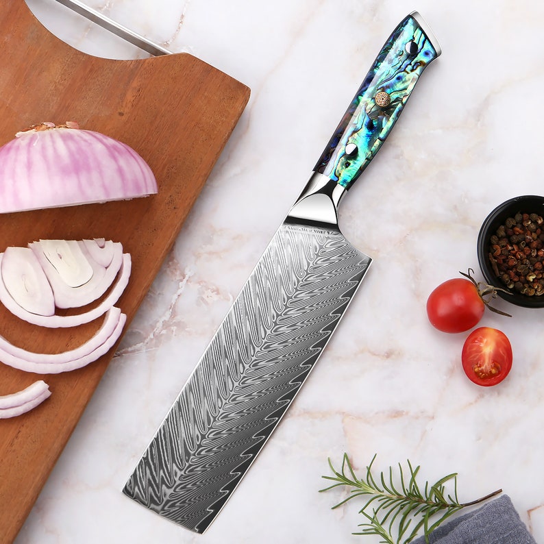 Japanese Meat Cleaver Nakiri with Real Deep-Sea Abalone Shell Handle