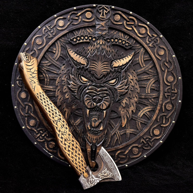 Medieval Viking Fenrir Shield & Axe Set | Viking Round Shield | Best for Christmas