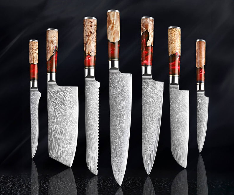 Damascus Kitchen Knife Set with Exquisite Red Resin Burl Wood Handles - 67-Layer Damascus Steel with Japanese VG10 Steel Core