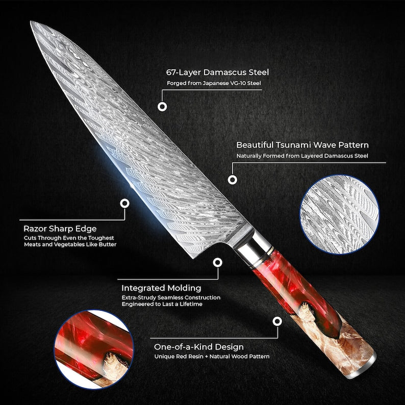 Damascus Kitchen Knife Set with Exquisite Red Resin Burl Wood Handles - 67-Layer Damascus Steel with Japanese VG10 Steel Core