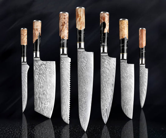 Japanese Kitchen Knife Set Forged from 67-Layer Damascus VG10 Steel with Stunning Black Resin Burl Wood Handle