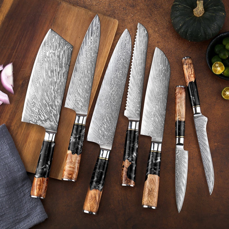 Japanese Kitchen Knife Set Forged from 67-Layer Damascus VG10 Steel with Stunning Black Resin Burl Wood Handle