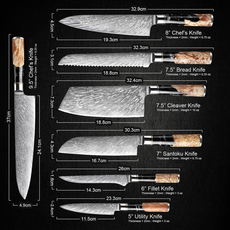 Japanese Kitchen Knife Set Forged from 67-Layer Damascus VG10 Steel with Stunning Black Resin Burl Wood Handle