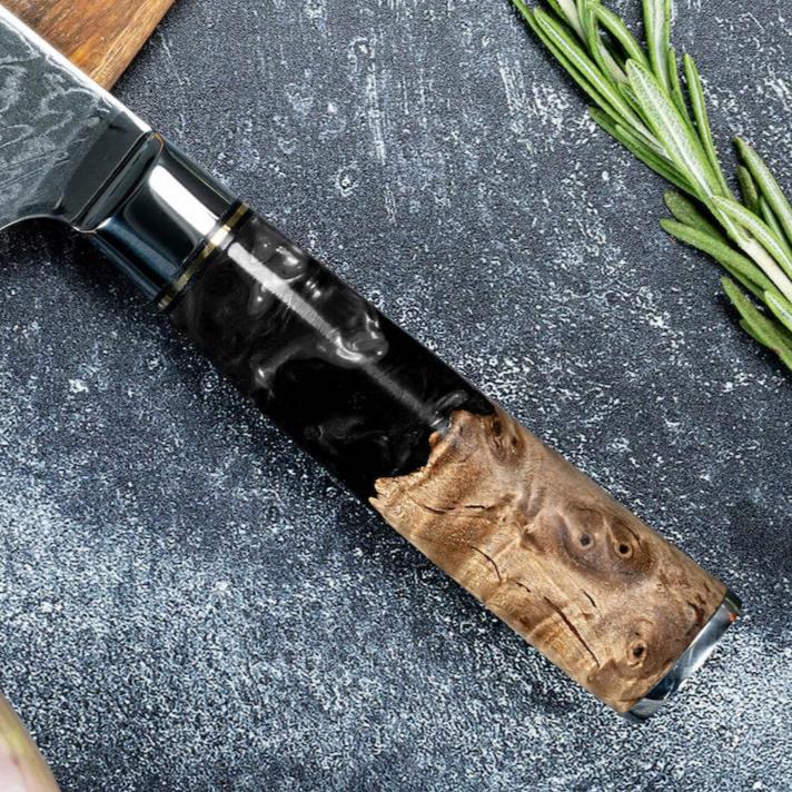 Japanese Kitchen Knife Set Forged from 67-Layer Damascus VG10 Steel with Stunning Black Resin Burl Wood Handle