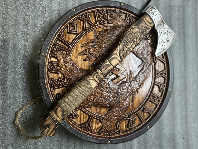 Custom Viking Shield | Medieval Axe & Shield Set | Carved Viking Gift for men