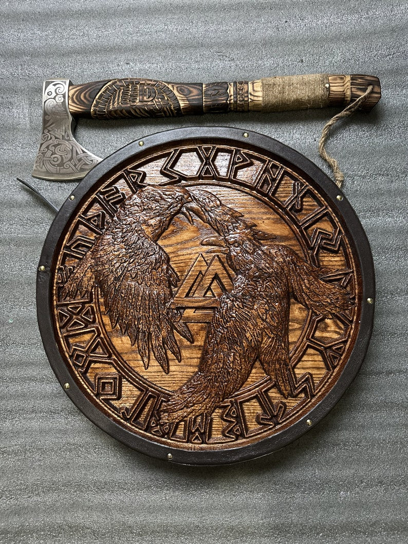 Custom Viking Shield | Medieval Axe & Shield Set | Carved Viking Gift for men