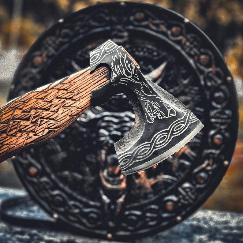 Viking Wolf Shield and Engraved Axe | Wood Carved Shield | Best for  Viking Wall Decor and Birthday Gift