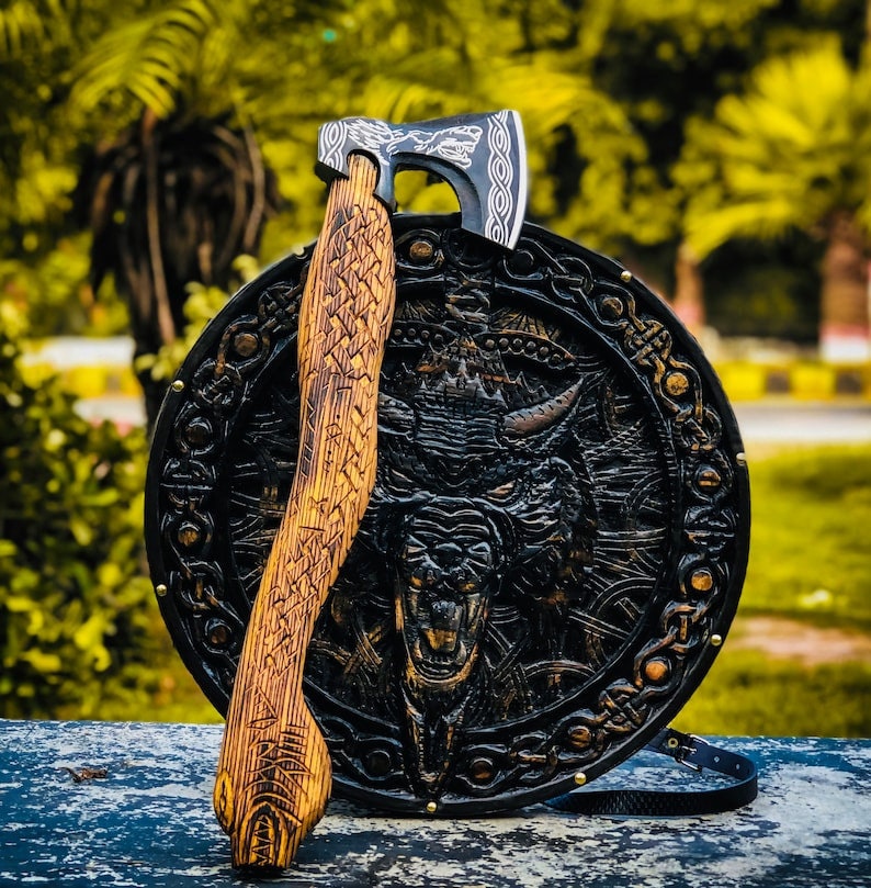 Viking Wolf Shield and Engraved Axe | Wood Carved Shield | Best for  Viking Wall Decor and Birthday Gift