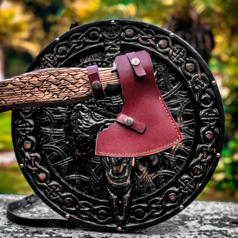 Viking Wolf Shield and Engraved Axe | Wood Carved Shield | Best for  Viking Wall Decor and Birthday Gift