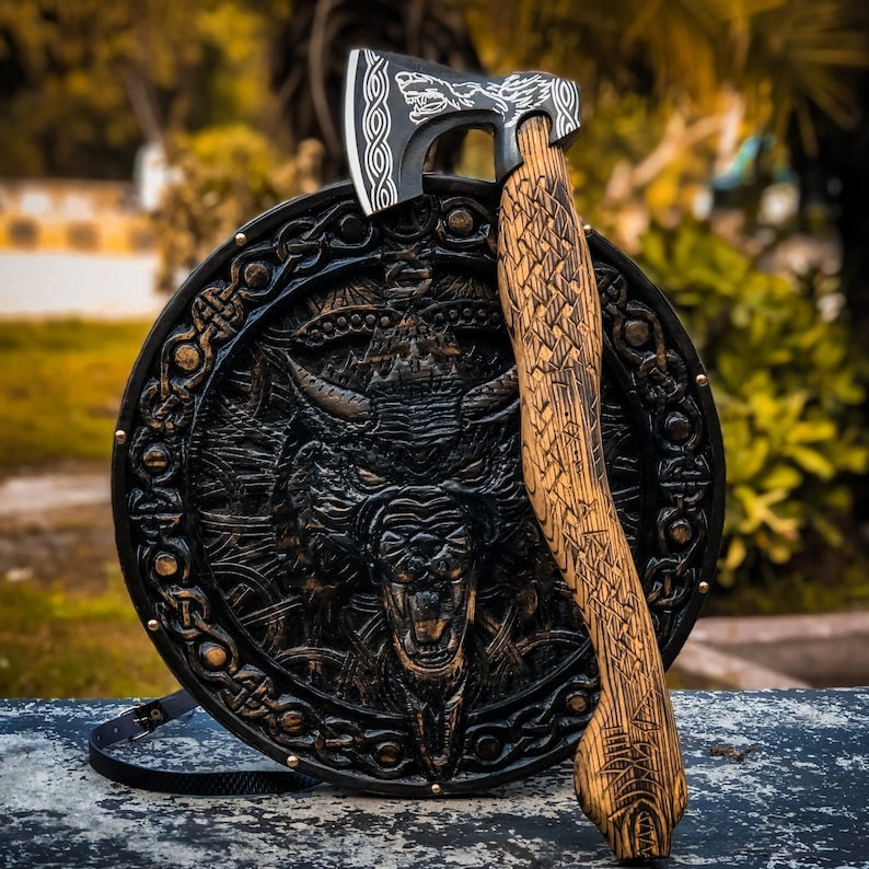 Viking Wolf Shield and Engraved Axe | Wood Carved Shield | Best for  Viking Wall Decor and Birthday Gift