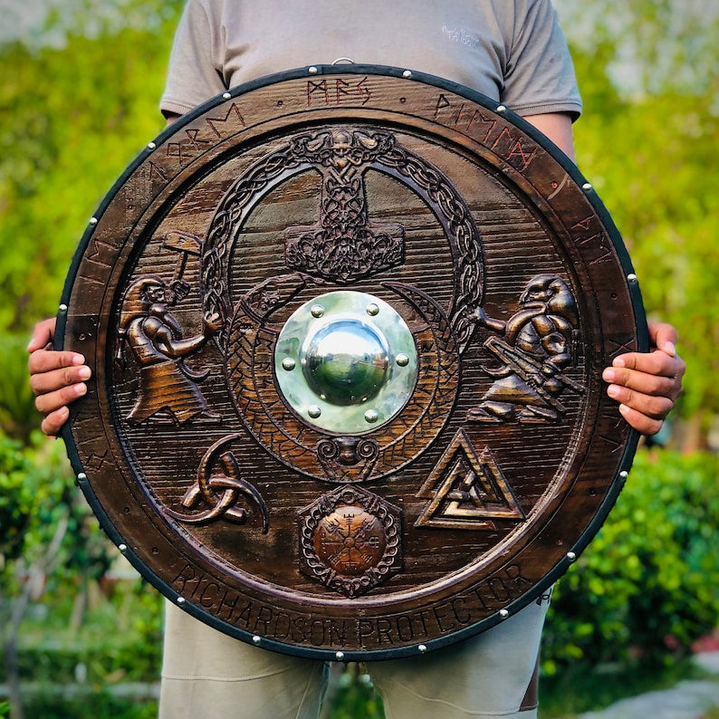 Handmade Medieval Viking Shield | Mjolnir Carved Shield | Cosplay Shield Viking Gift