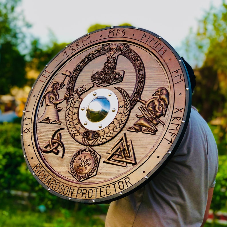 Handmade Medieval Viking Shield | Mjolnir Carved Shield | Cosplay Shield Viking Gift