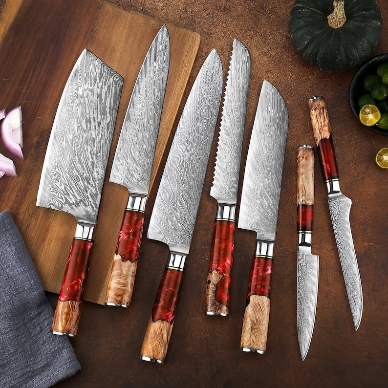 Damascus Kitchen Knife Set with Exquisite Red Resin Burl Wood Handles - 67-Layer Damascus Steel with Japanese VG10 Steel Core