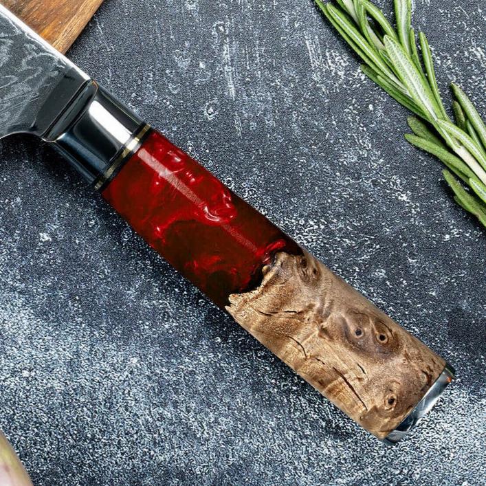 Damascus Kitchen Knife Set with Exquisite Red Resin Burl Wood Handles - 67-Layer Damascus Steel with Japanese VG10 Steel Core