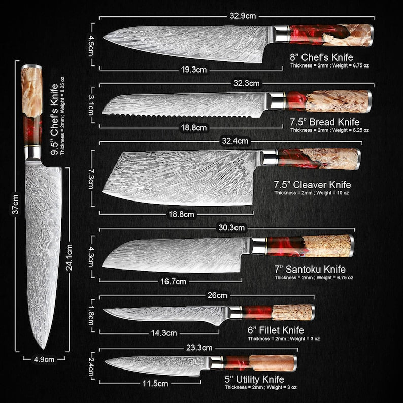 Damascus Kitchen Knife Set with Exquisite Red Resin Burl Wood Handles - 67-Layer Damascus Steel with Japanese VG10 Steel Core