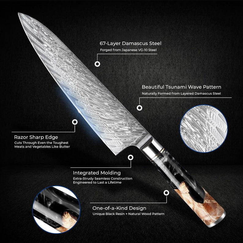 Japanese Kitchen Knife Set Forged from 67-Layer Damascus VG10 Steel with Stunning Black Resin Burl Wood Handle