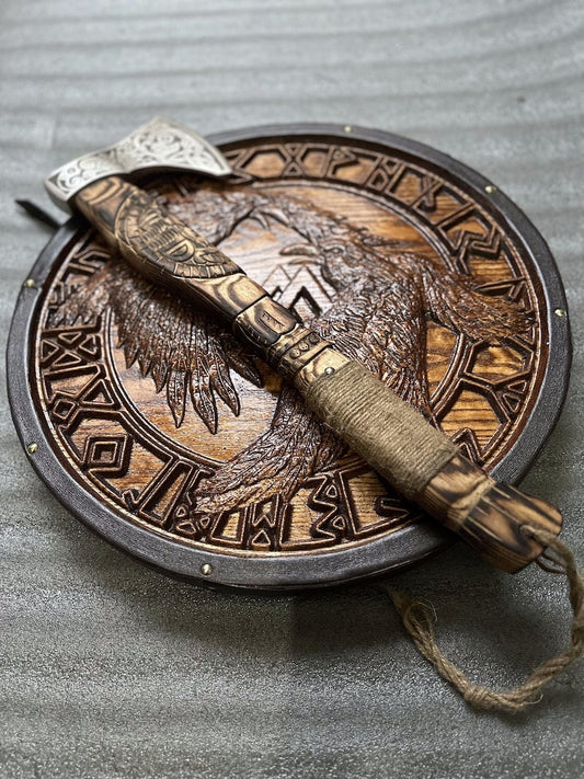 Custom Viking Shield | Medieval Axe & Shield Set | Carved Viking Gift for men