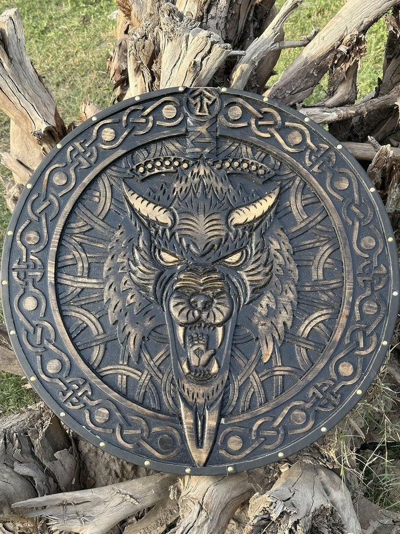 Viking Wolf Shield and Engraved Axe | Best for  Viking Wall Decor and Birthday Gift