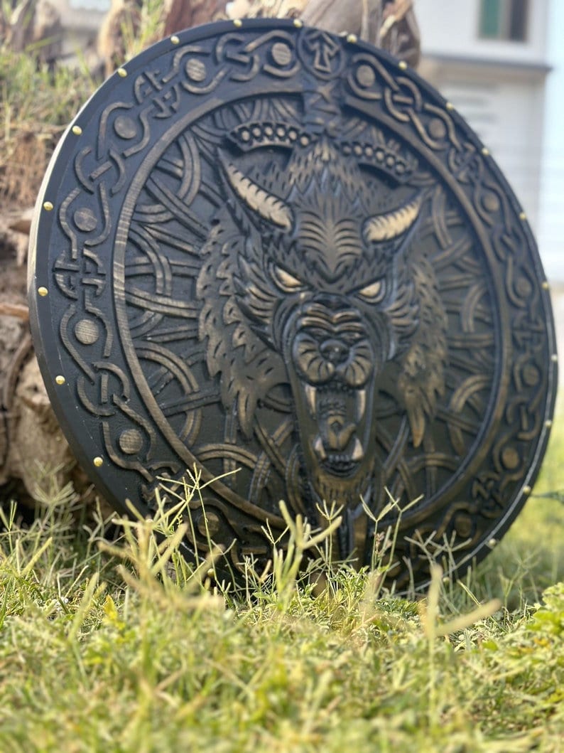 Viking Wolf Shield and Engraved Axe | Best for  Viking Wall Decor and Birthday Gift