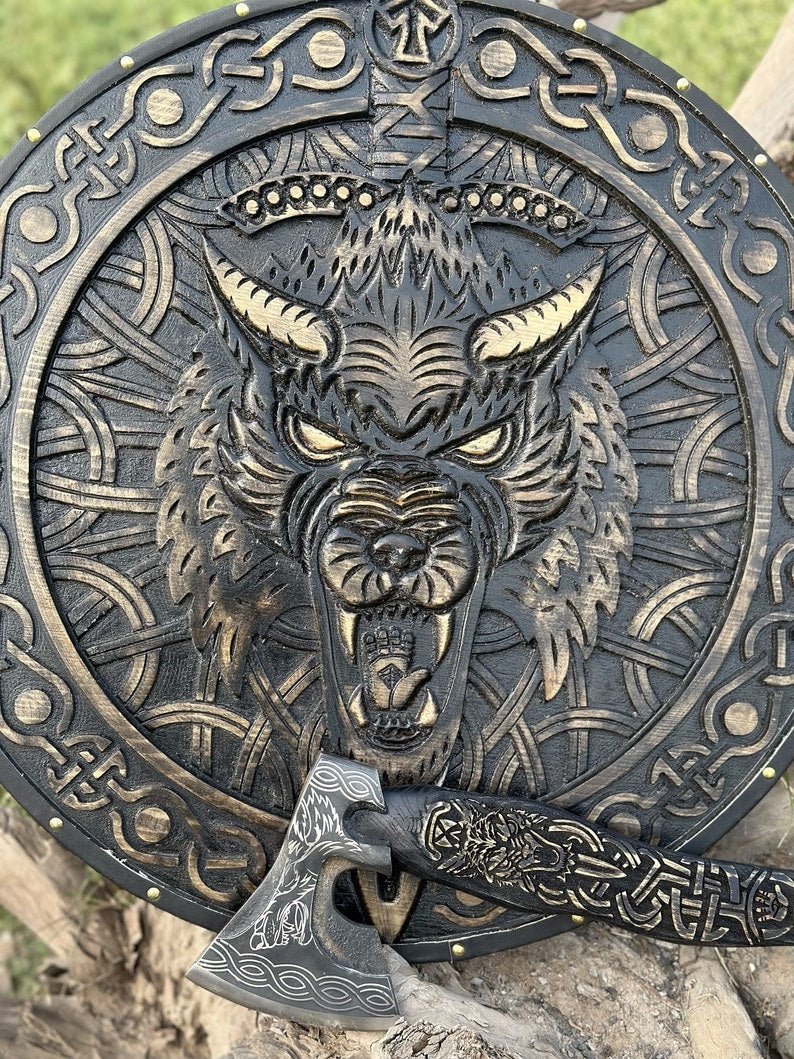 Viking Wolf Shield and Engraved Axe | Best for  Viking Wall Decor and Birthday Gift