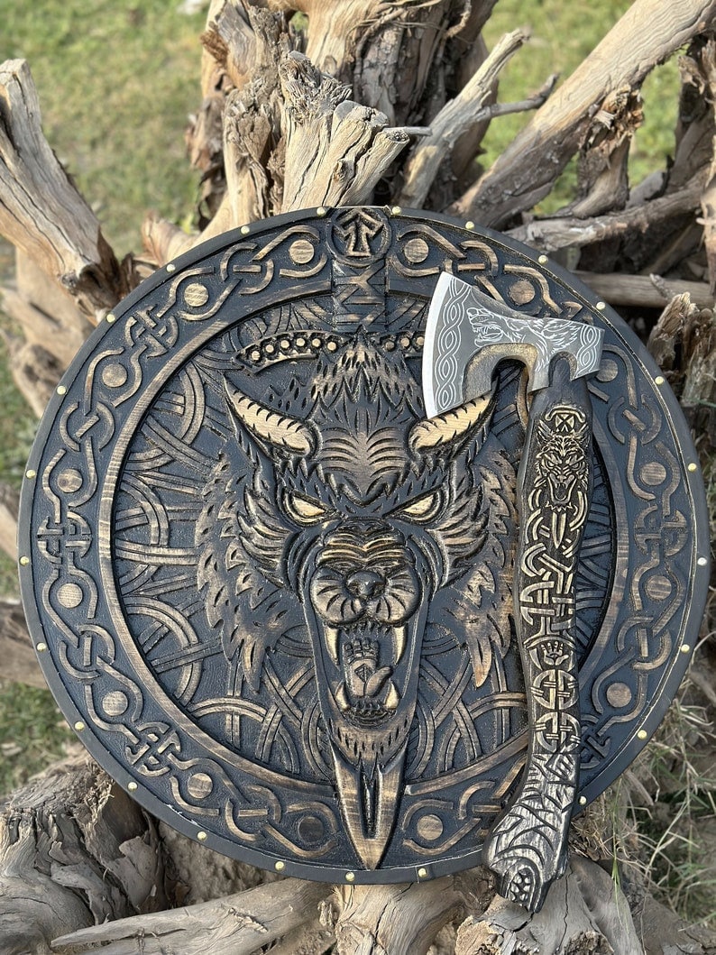 Viking Wolf Shield and Engraved Axe | Best for  Viking Wall Decor and Birthday Gift