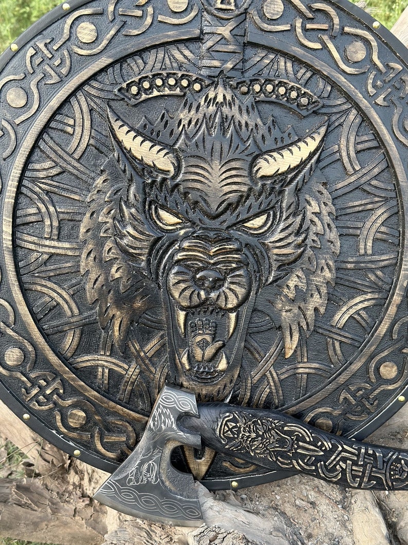 Viking Wolf Shield and Engraved Axe | Best for  Viking Wall Decor and Birthday Gift