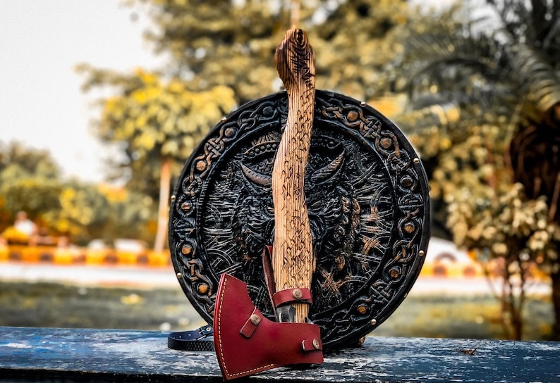 Viking Wolf Shield and Engraved Axe | Wood Carved Shield | Best for  Viking Wall Decor and Birthday Gift