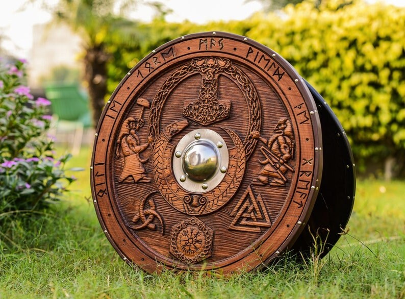 Custom Medieval Viking Shield | Mjolnir Carved Shield |  Best wedding gifts