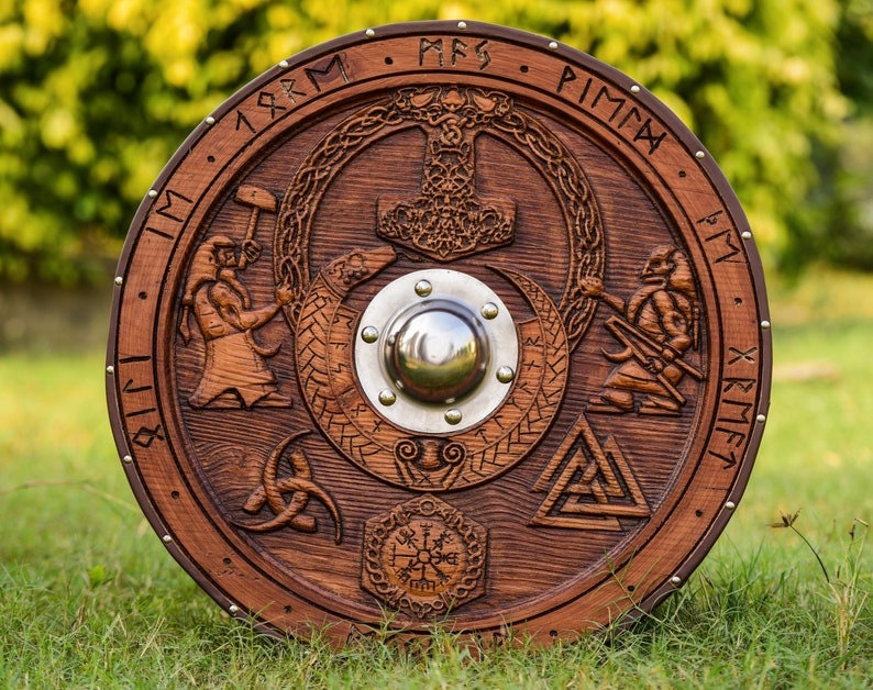 Custom Medieval Viking Shield | Mjolnir Carved Shield |  Best wedding gifts