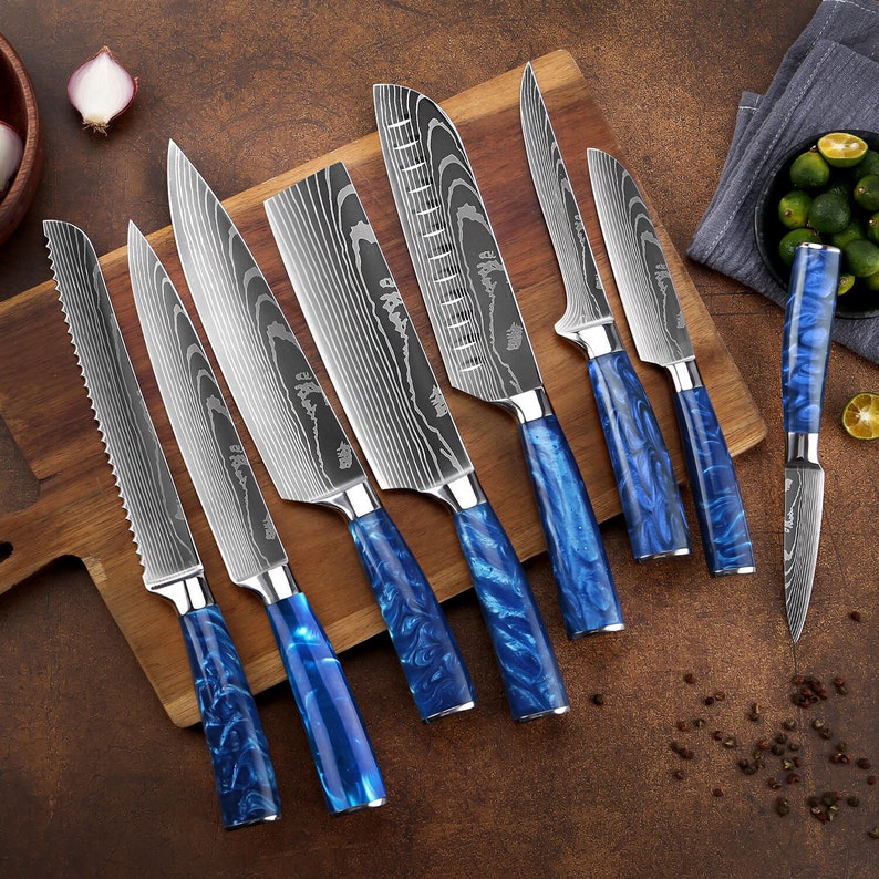 Stunning 8-Piece Japanese Kitchen Knife Set with Damascus Pattern and Beautiful Blue Resin Handle - Professional Chef Knife Set w/ Gift Box