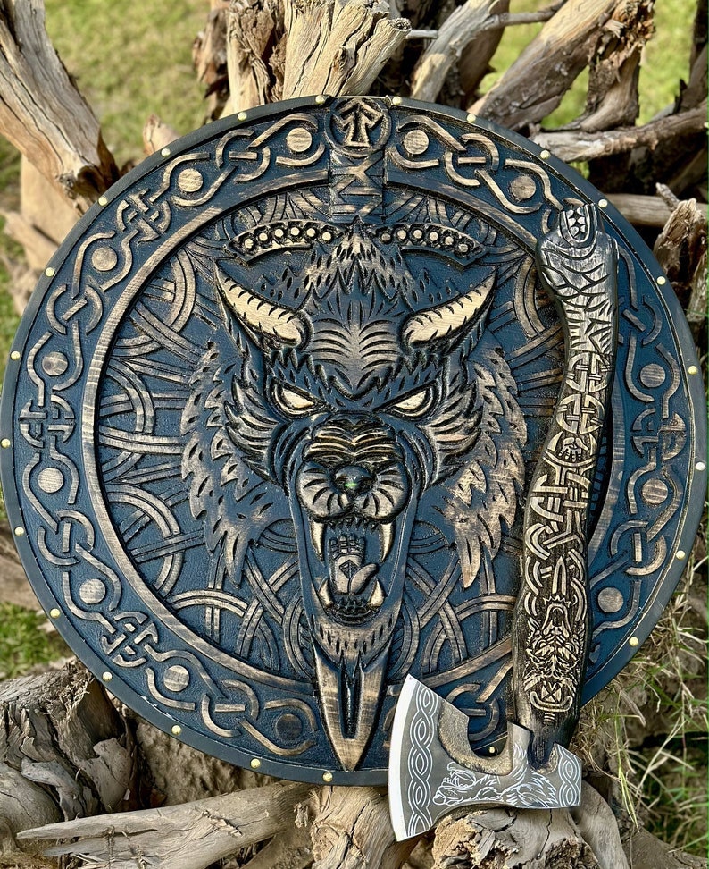 Viking Wolf Shield and Engraved Axe | Best for  Viking Wall Decor and Birthday Gift