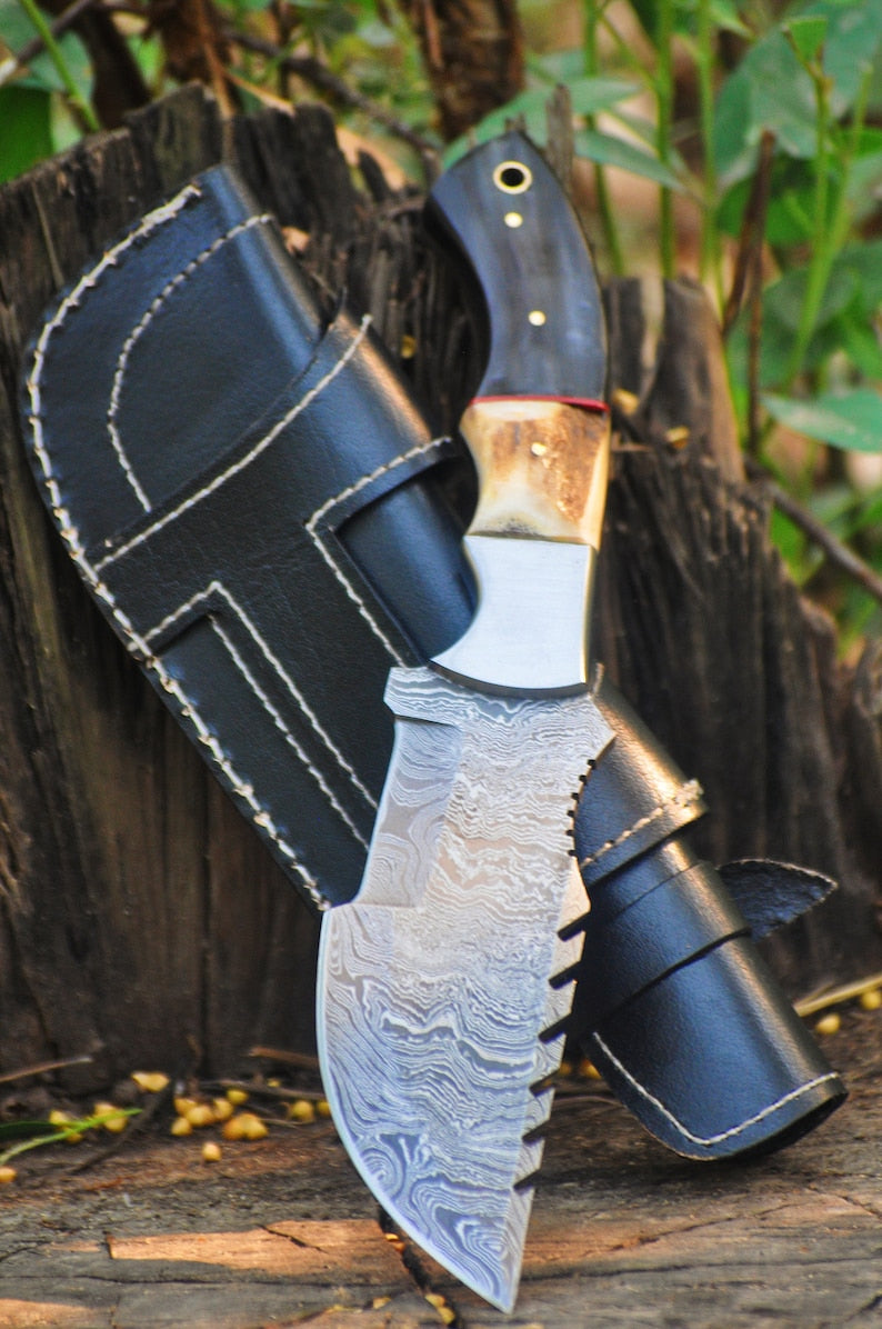 Handmade 11" Damascus Steel Full Tang Tracker Knife with leather cover | Best Anniversary Gifts