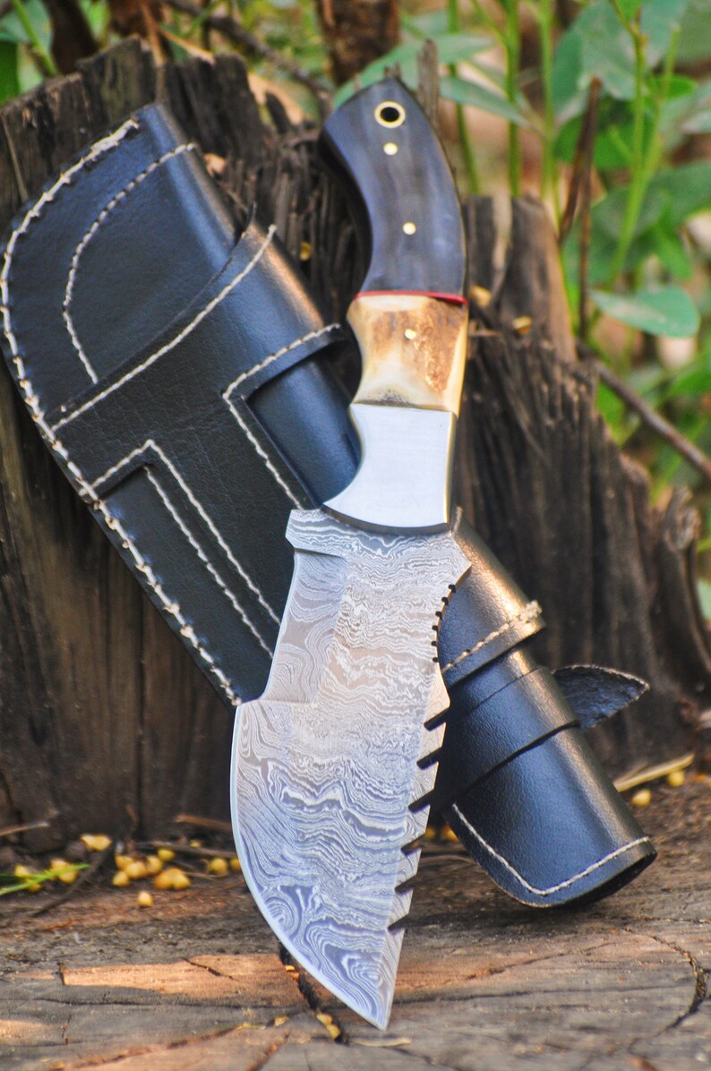 Handmade 11" Damascus Steel Full Tang Tracker Knife with leather cover | Best Anniversary Gifts