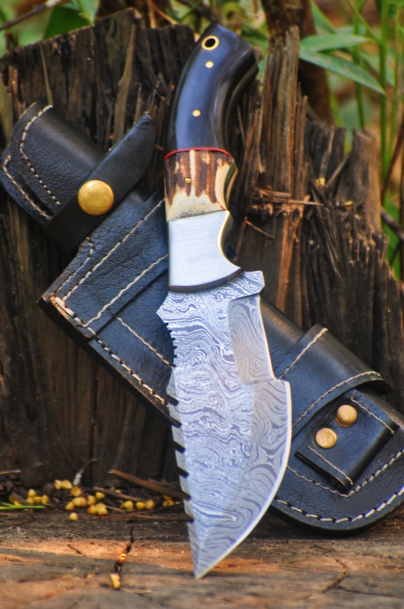 Handmade 11" Damascus Steel Full Tang Tracker Knife with leather cover | Best Anniversary Gifts