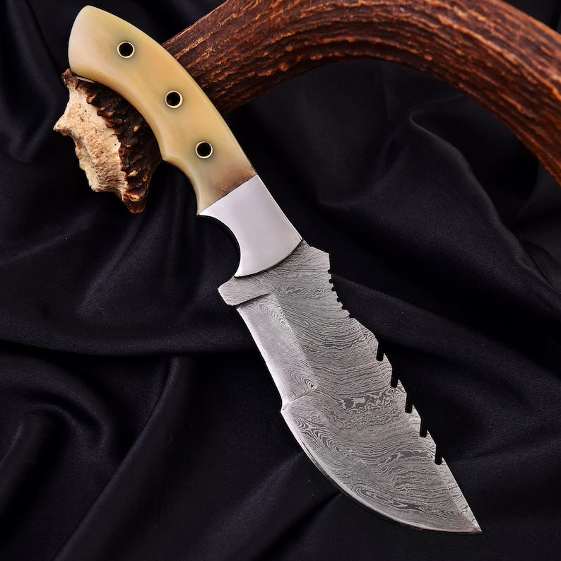 11" Damascus Steel Full Tang Tracker Knife with leather cover | Best Birthday Gifts