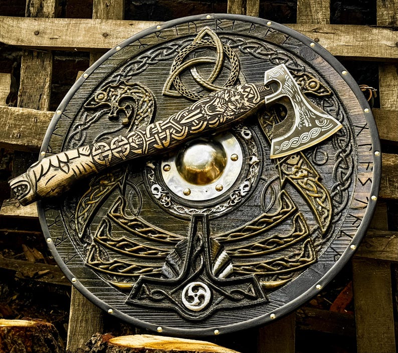 Custom Viking Shield & Axe Set | Handmade Viking Round Shield | Viking Axe With Carved Handle,